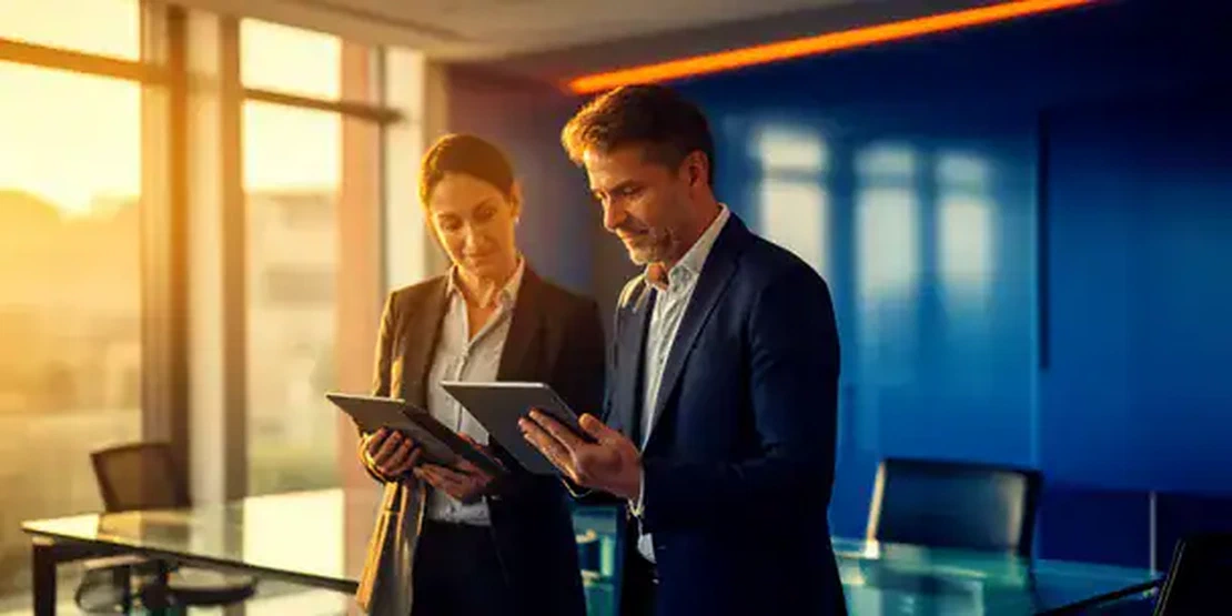 Immagine di due professionisti che collaborano in un moderno ufficio italiano con luce naturale calda