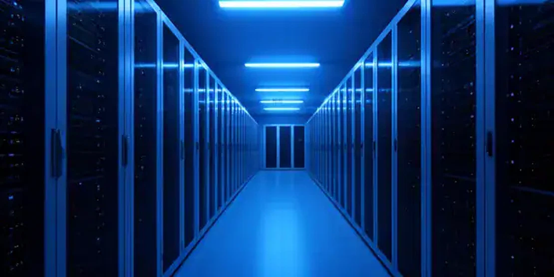Server sicuro in un data center italiano con illuminazione a LED blu