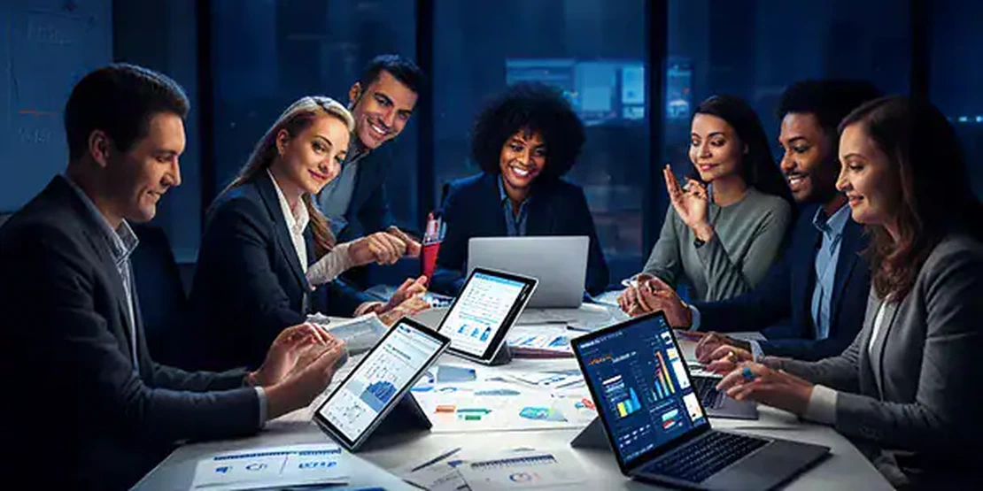 Team di professionisti che collaborano su progetti digitali con strumenti tecnologici