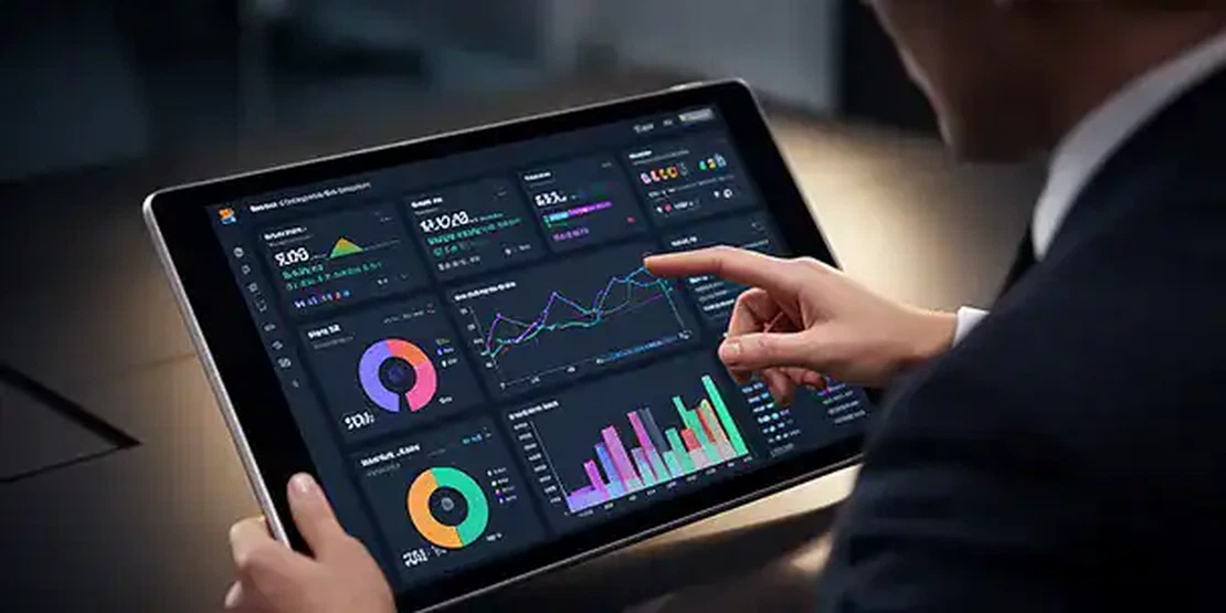 ALT-TEXT: Professionista che consulta dashboard marketing su tablet con dati in tempo reale