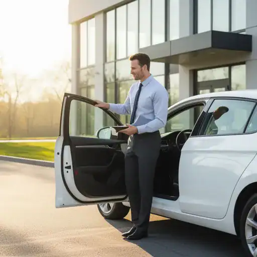 Professionista che scende da un'auto aziendale presso la sede di un cliente