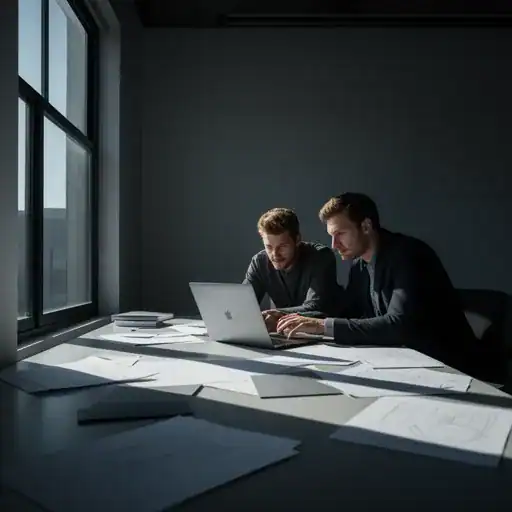 Due colleghi lavorano insieme davanti a un laptop in uno studio minimalista con forti contrasti di luce.