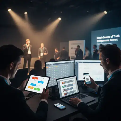 Team organizzativo controlla check-in, agenda e dati dell’evento in una regia operativa accanto alla sala conferenze