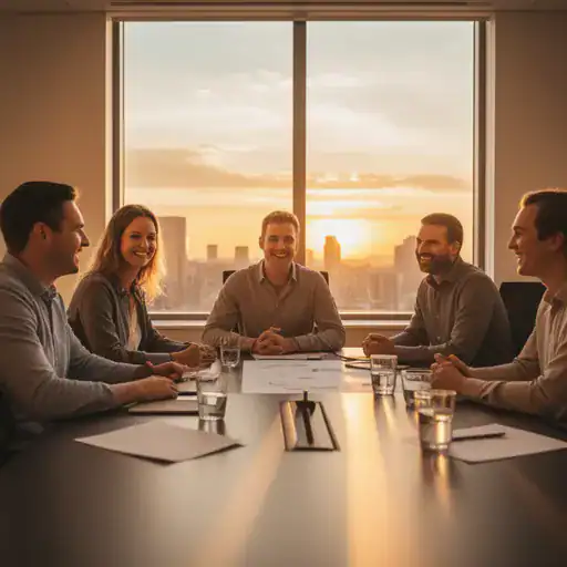 Gruppo di lavoro collabora in una sala riunioni illuminata dalla luce calda del tramonto.