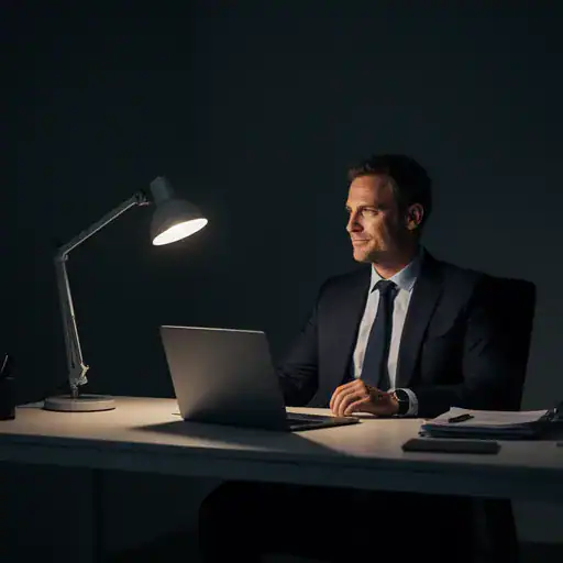 Uomo d'affari seduto a una scrivania ordinata in un ufficio con illuminazione d'atmosfera.