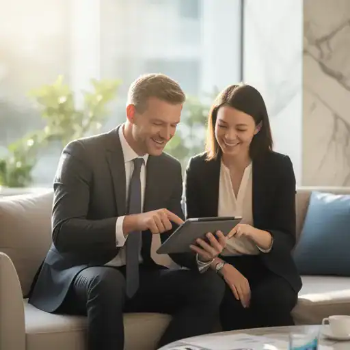 Consulente e cliente che discutono dati su un tablet in una lounge luminosa