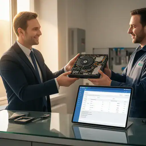 Cliente aziendale che riceve prodotto riparato con riepilogo Zelo ERP su tablet