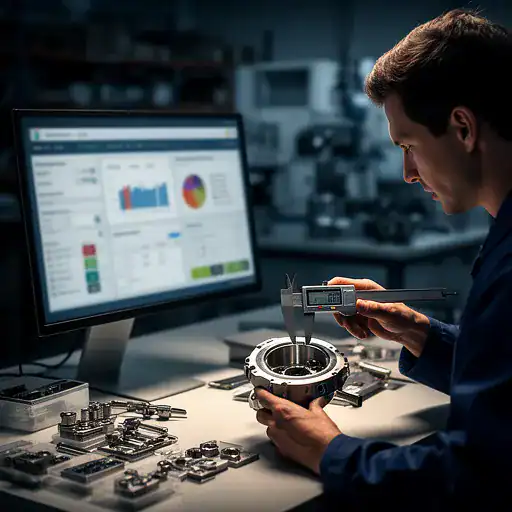 Tecnico qualità che verifica componenti con software controllo qualità produzione