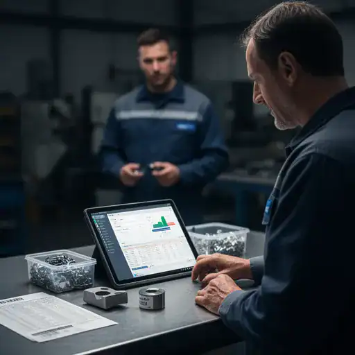Responsabile produzione con tablet e dashboard gestionale per OEE e ordini di produzione
