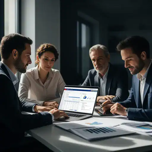 Team di professionisti in ufficio utilizza un gestionale ERP su laptop in un ambiente luminoso e realistico