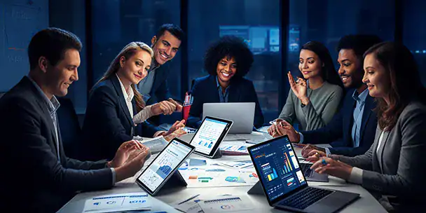 Team di professionisti che collaborano su progetti digitali con strumenti tecnologici