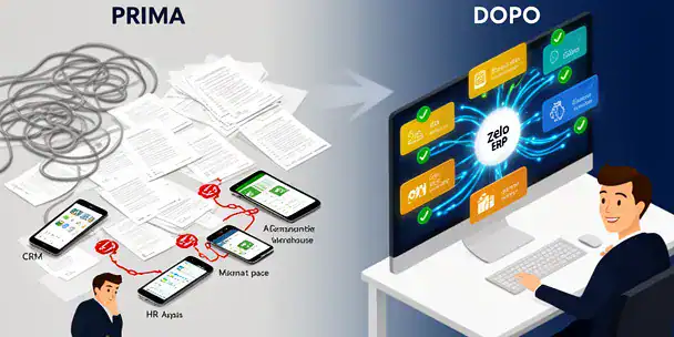 Illustrazione piatta che confronta la situazione pre-integrazione con documenti sparsi, schermi scollegati e imprenditore frustrato, versus l'ambiente post-integrazione con dashboard ERP unificata e imprenditore soddisfatto