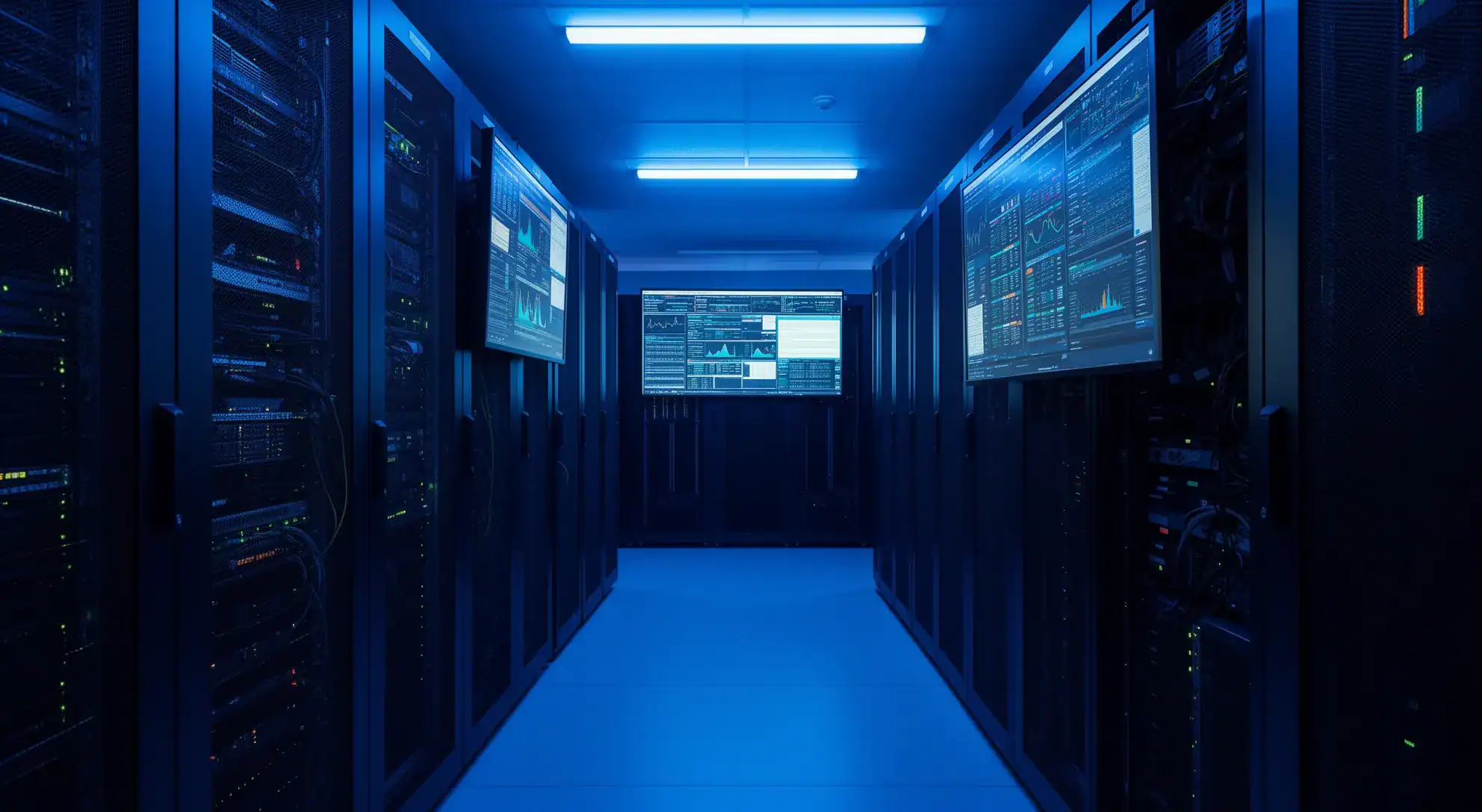Server room aziendale con server in rack e dashboard di monitoraggio