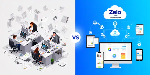 Infografica che mostra la transizione dal lavoro tradizionale disorganizzato allo smart working digitale con Zelo ERP, con sincronizzazione dei dati e collaborazione integrata
